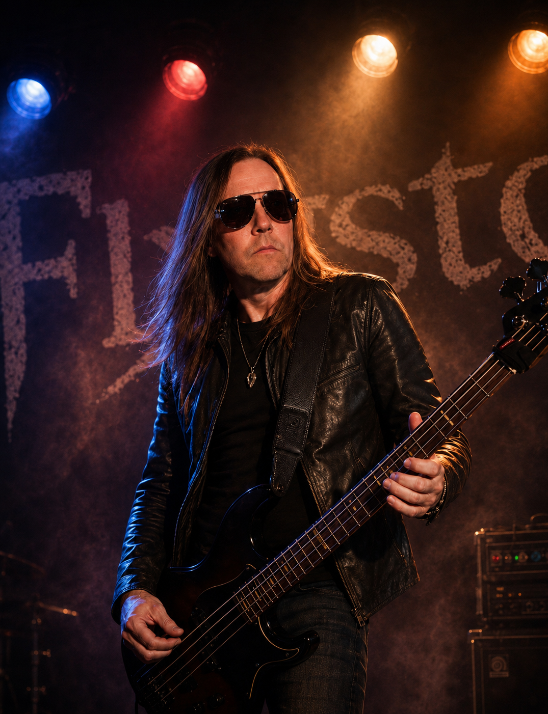 Matte, bassist i Flystar, spelar bas på scen med scenljus och Flystar-backdrop.