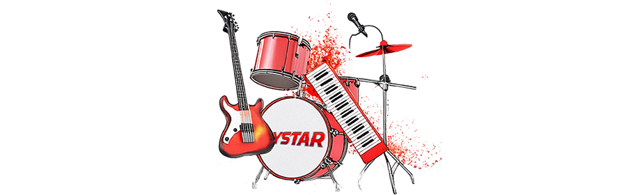 musikinstrument tecknat i svart rött vitt med Namn Flystar på trumman